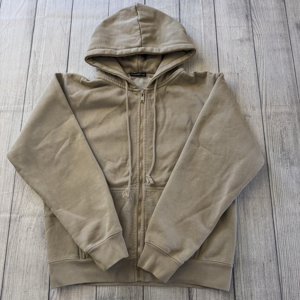 Brandy Melville Zip Up Hoodie OS Beige Tan Full Zip Sweatshirt Fleece Lined
